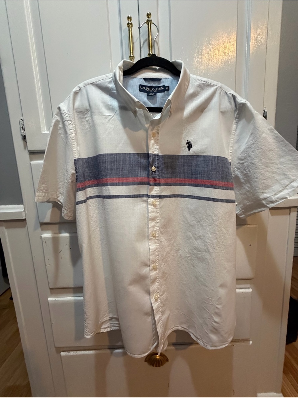 U.S. Polo Assn. X-Large White Striped Woven  Button Down Short Sleeve Shirt.